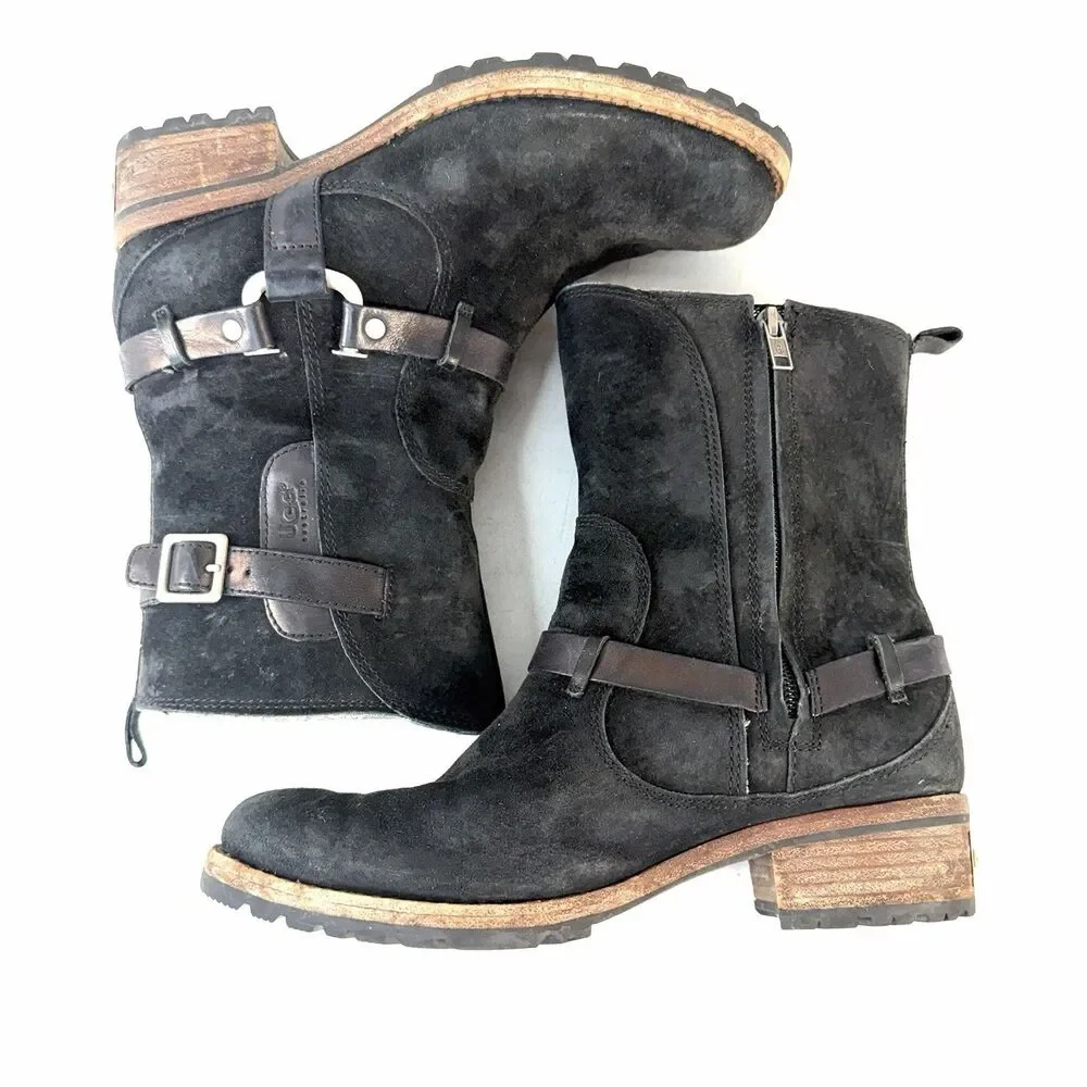 UGG Australia ENDELL Black Waterproof Suede Logo Biker Boots US 8 5604